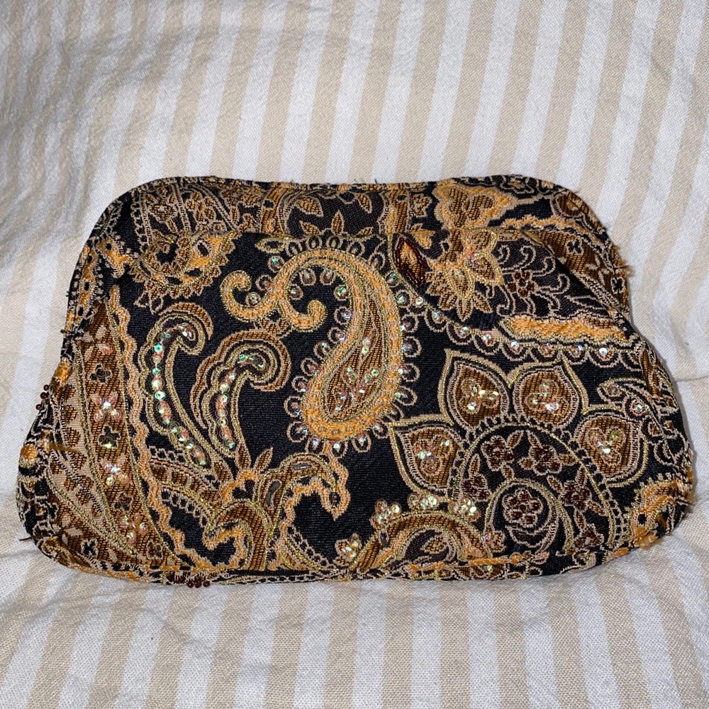 Marcy Avane vintage paisley black and beige sequin clutch with strap